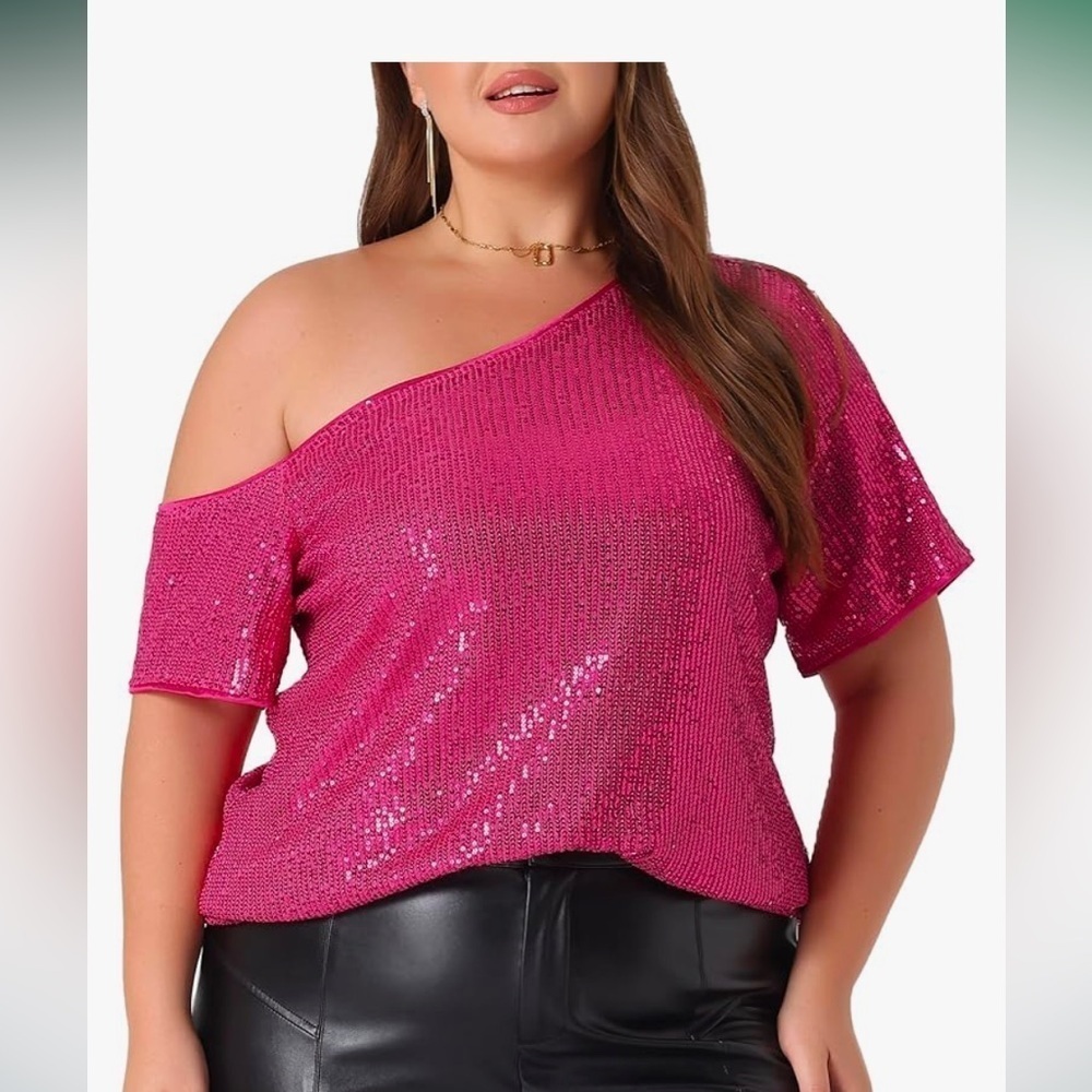 NWT Agnes Orinda One Shoulder Short Sleeve Metallic Blouses Party Sequin Tops